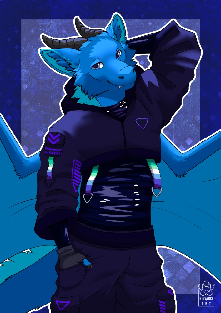A 2D drawing of my blue fluffy dragon wearing a techwear outfit with some latex underneath. The techwear hoodie features the gay men's pride flag on its straps. One paw is in the pockets of the pants; the other is behind the head.
