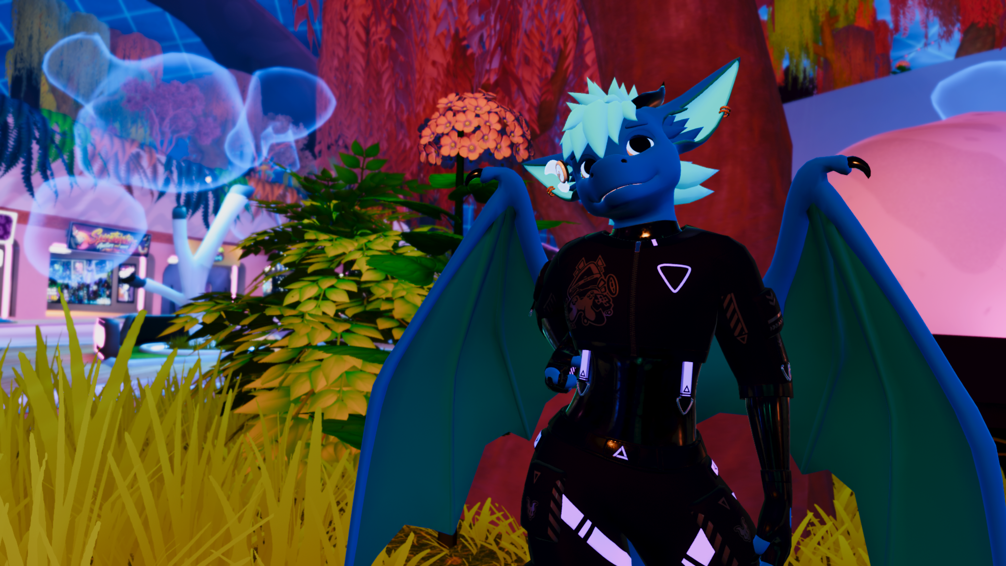 My VRChat avatar, a blue fluffy dragon, wearing a techwear outfit and some latex below, standing in front of a tree, looking kinda dreamy.
