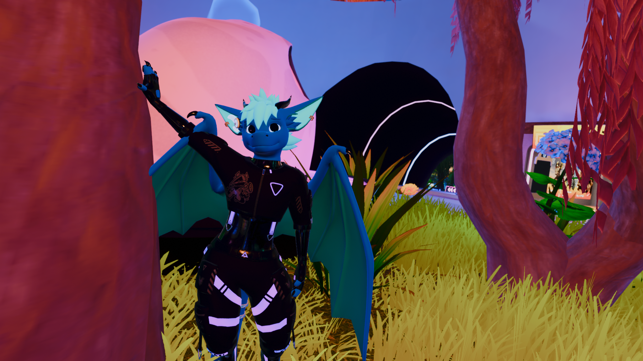 My VRChat avatar, a blue fluffy dragon, wearing a techwear outfit and some latex below, leaning against a tree.